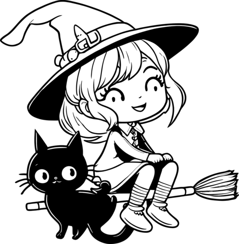 Cute Witch With Black Kitten Coloring Page